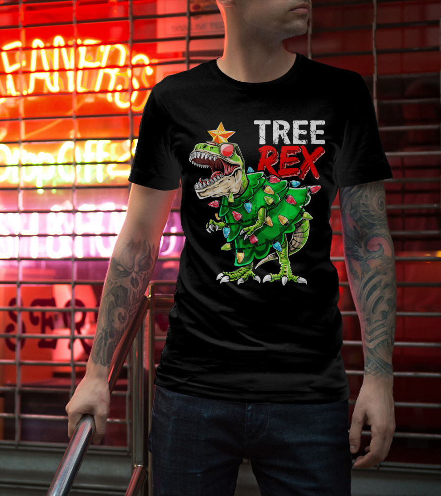 Tree Rex Dinosaur Christmas Tree With Festive Lights And Star T-Shirt