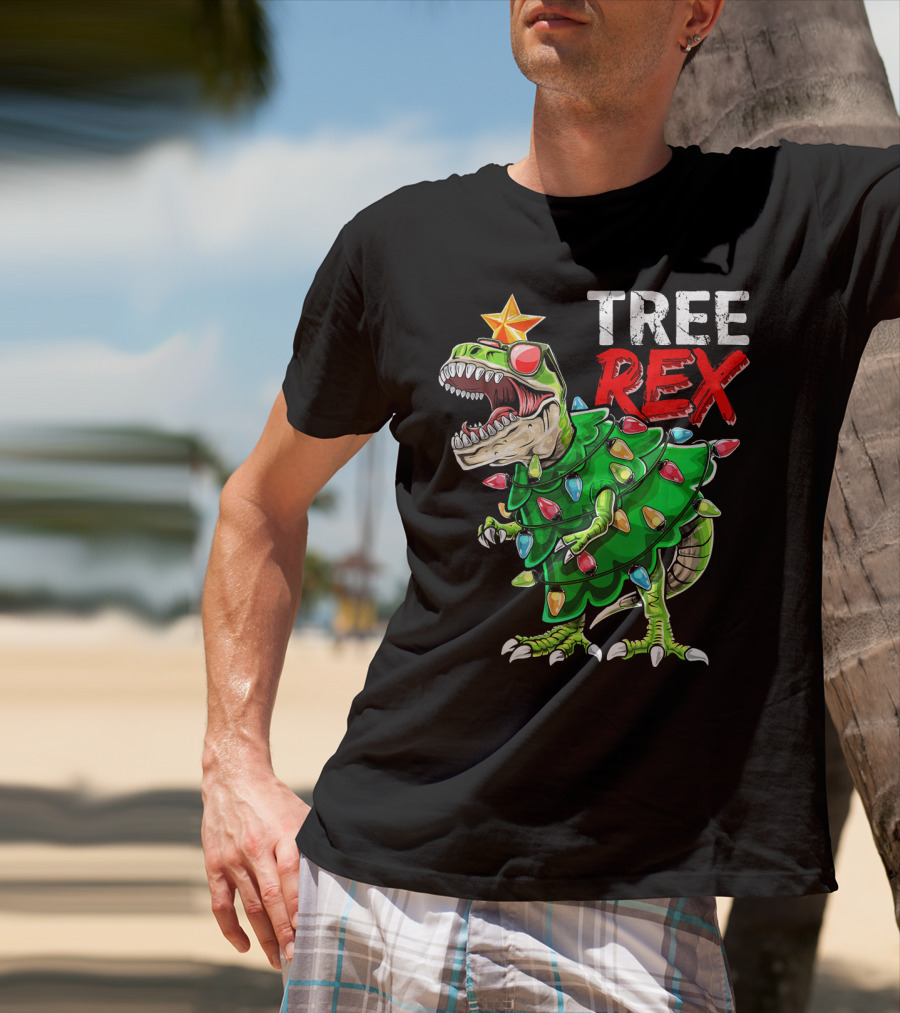 Tree Rex Dinosaur Christmas Tree With Festive Lights And Star T-Shirt