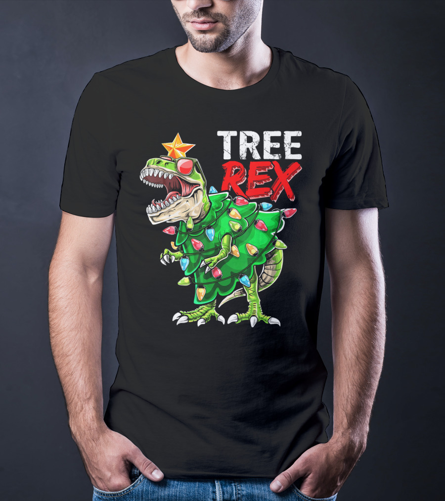 Tree Rex Dinosaur Christmas Tree With Festive Lights And Star T-Shirt