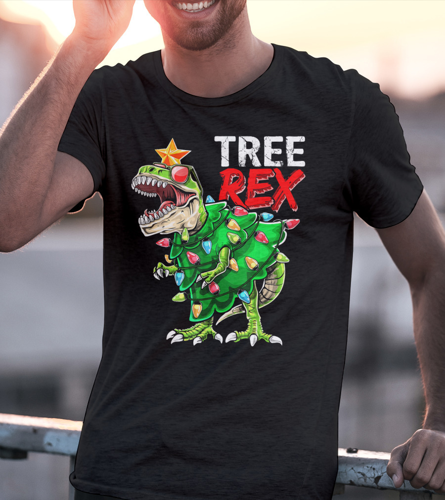 Tree Rex Dinosaur Christmas Tree With Festive Lights And Star T-Shirt