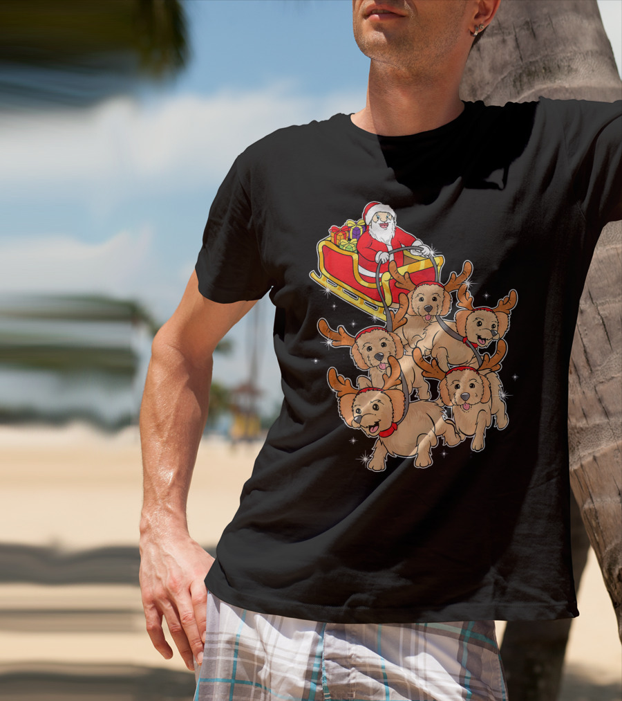 Santa Riding Sleigh With Adorable Goldendoodles As Reindeer T-Shirt