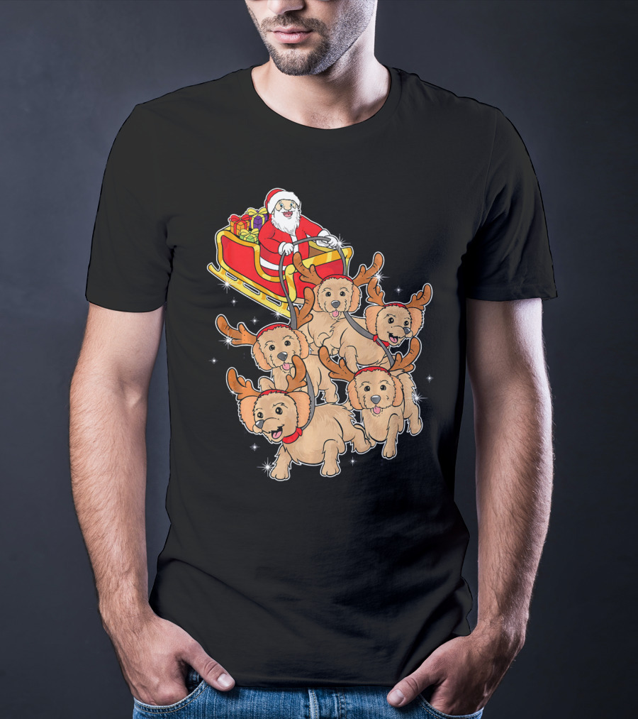 Santa Riding Sleigh With Adorable Goldendoodles As Reindeer T-Shirt