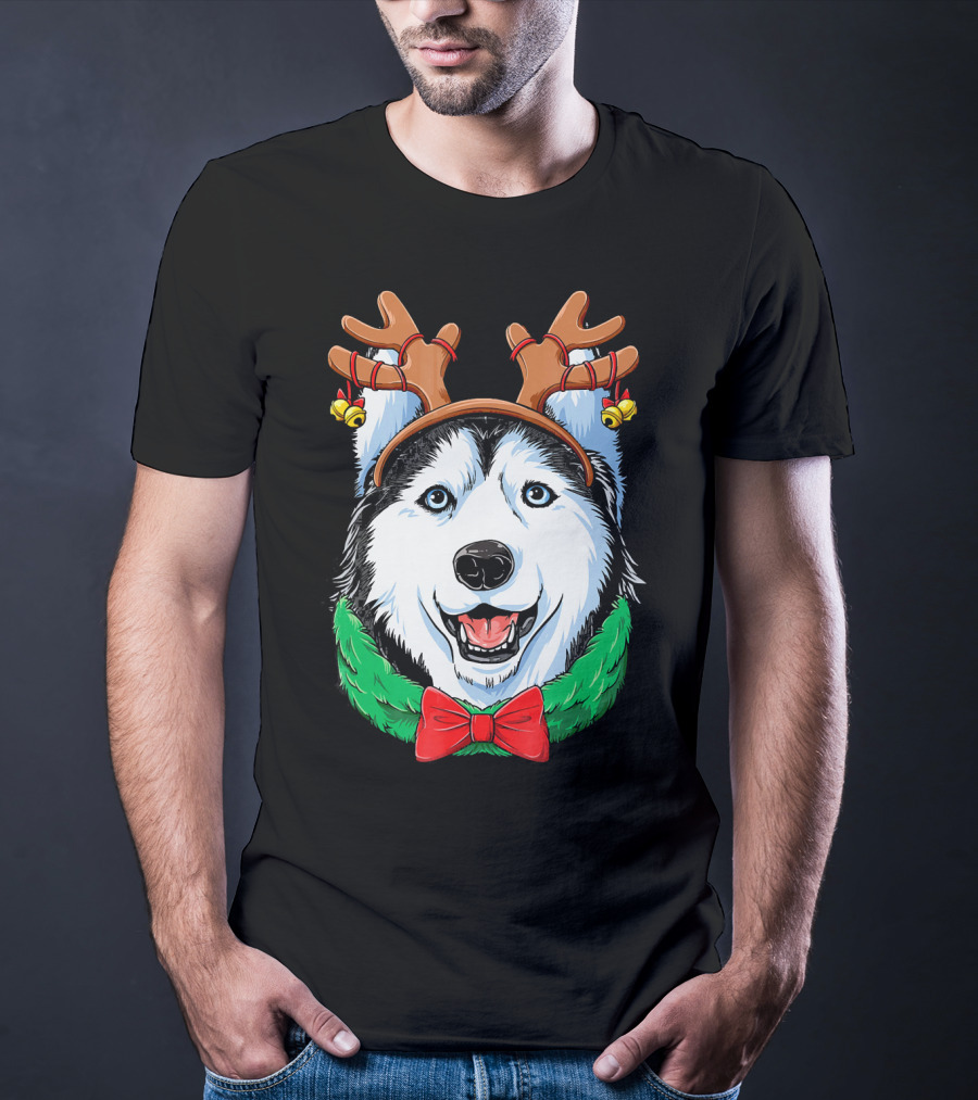 Siberian Husky With Reindeer Antlers Christmas Wreath Bow And Bells T-Shirt