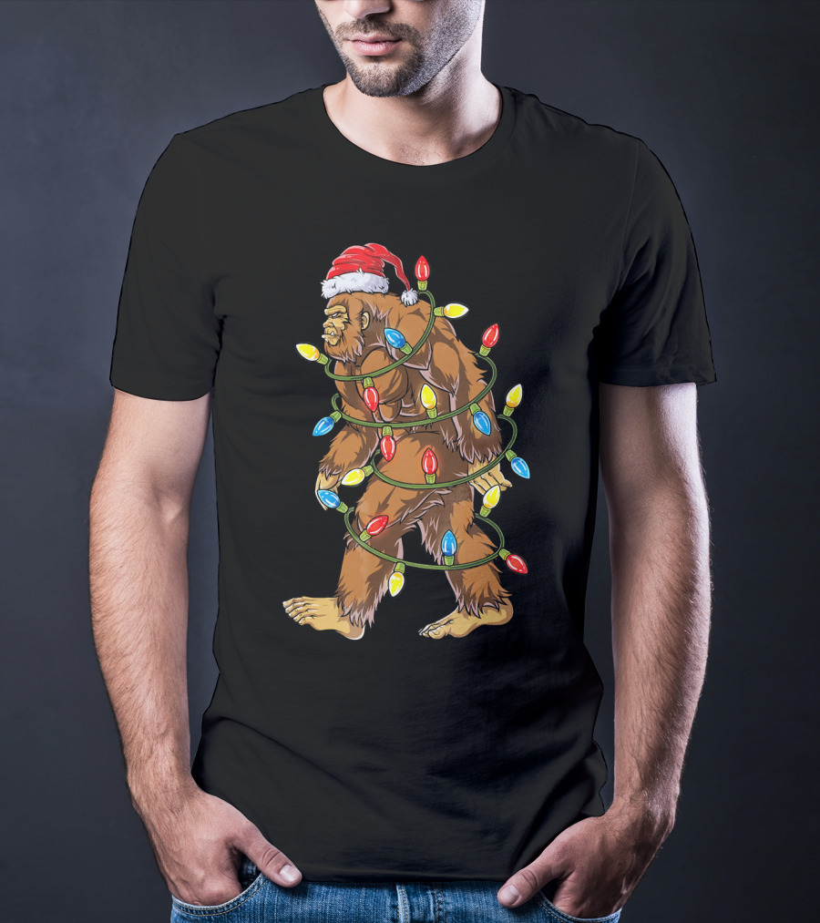 Bigfoot Santa Wrapped In Christmas Lights T-Shirt