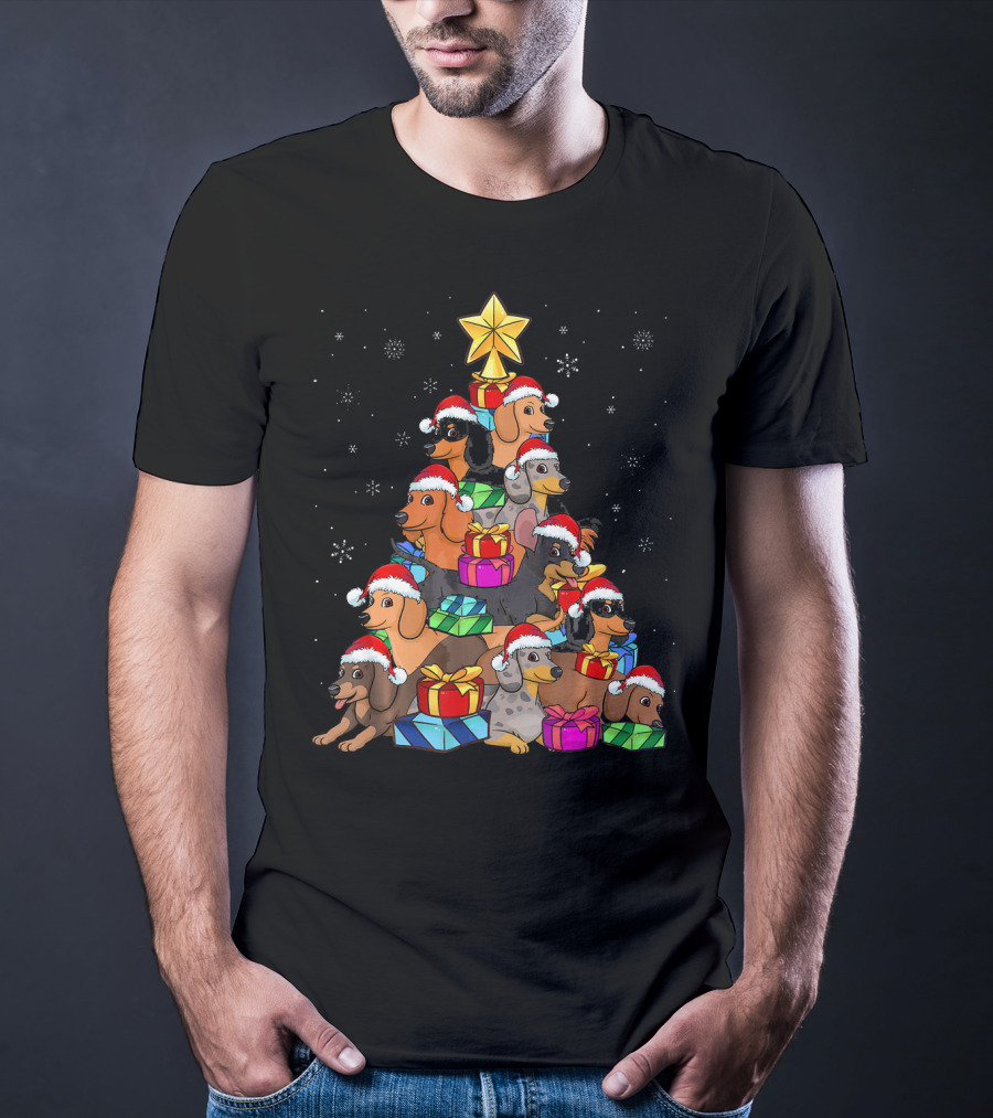 Dachshund Christmas Tree With Santa Hats And Gifts In Snowfall T-Shirt