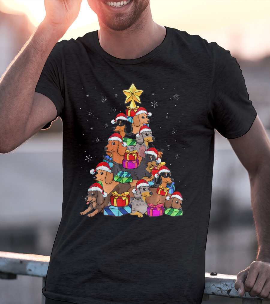 Dachshund Christmas Tree With Santa Hats And Gifts In Snowfall T-Shirt
