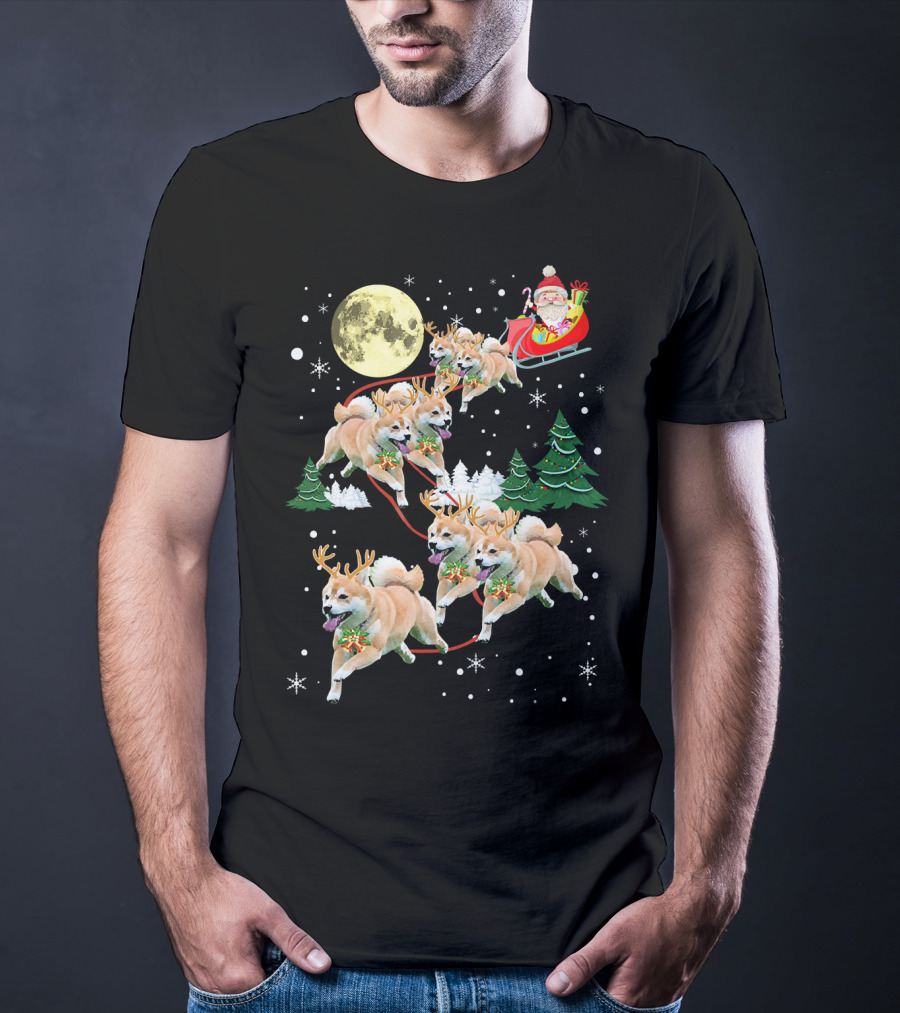 Santa's Shiba Inu Sleigh Ride Under Full Moon T-Shirt