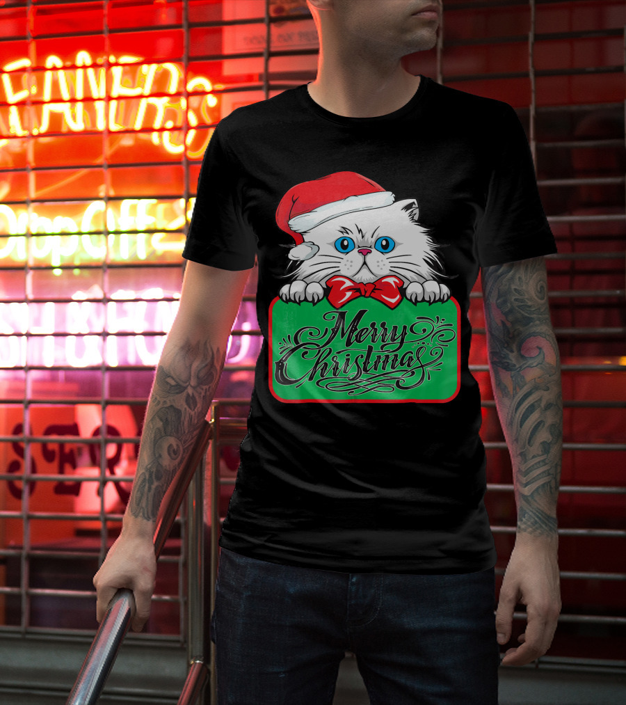 Merry Christmas Cute Cat With Santa Hat And Bow Tie T-Shirt