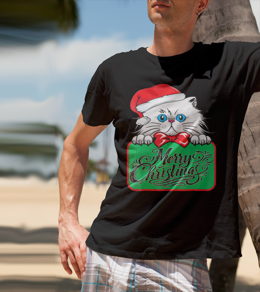 Merry Christmas Cute Cat With Santa Hat And Bow Tie T-Shirt