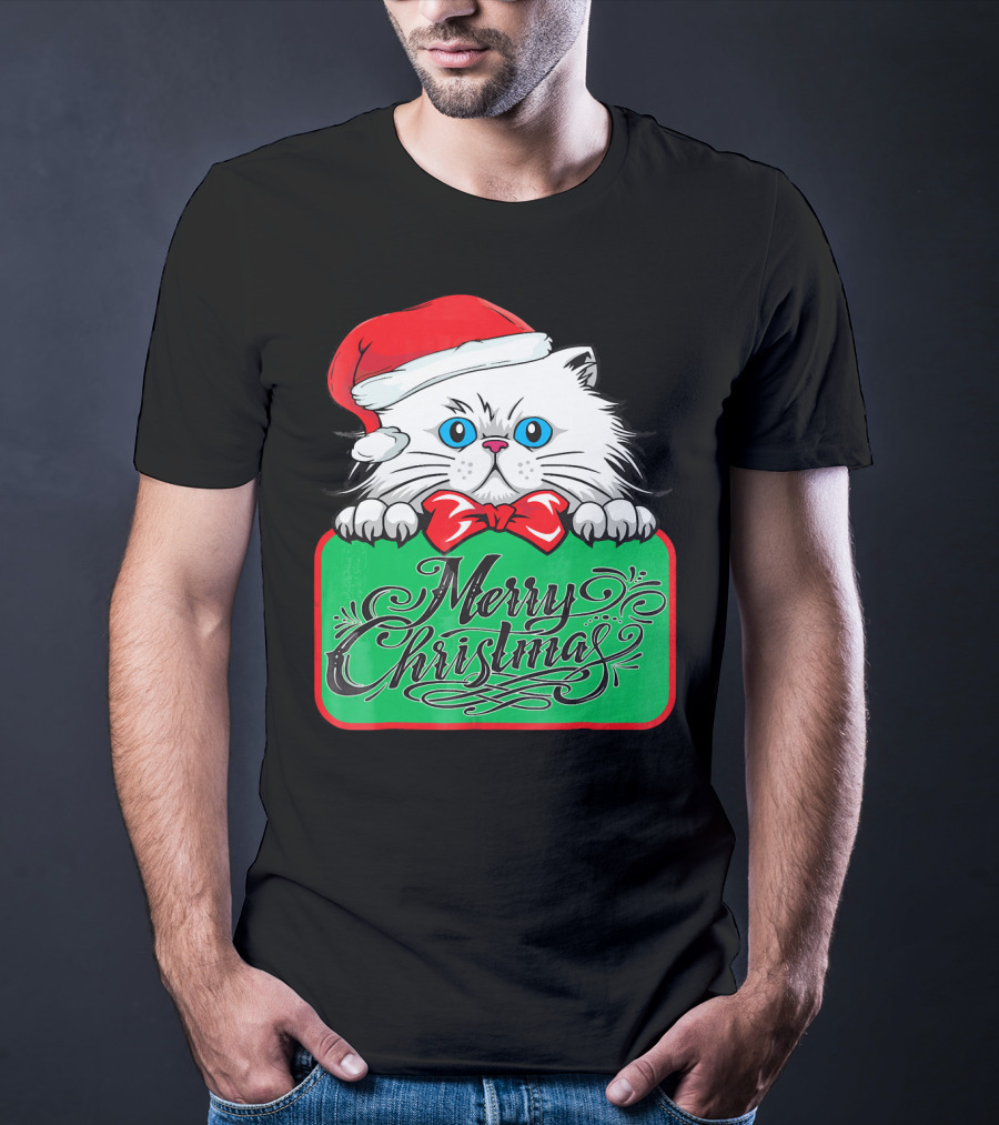 Merry Christmas Cute Cat With Santa Hat And Bow Tie T-Shirt