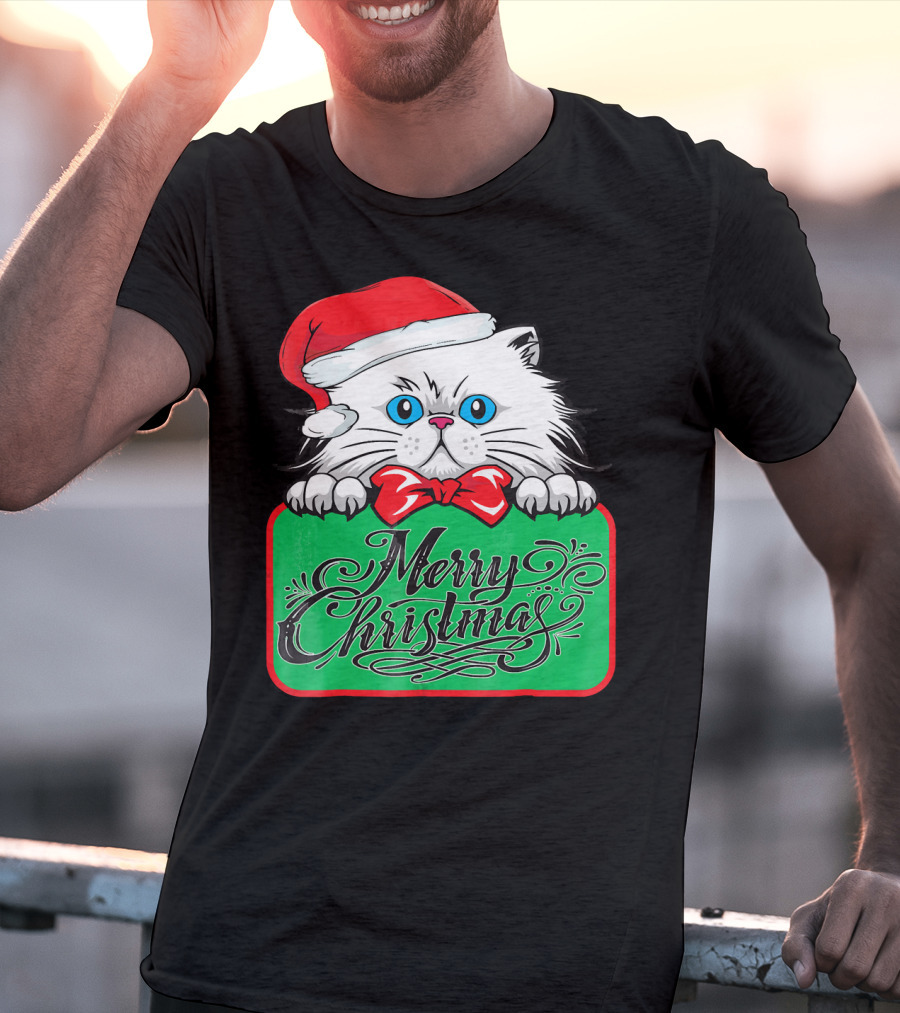 Merry Christmas Cute Cat With Santa Hat And Bow Tie T-Shirt