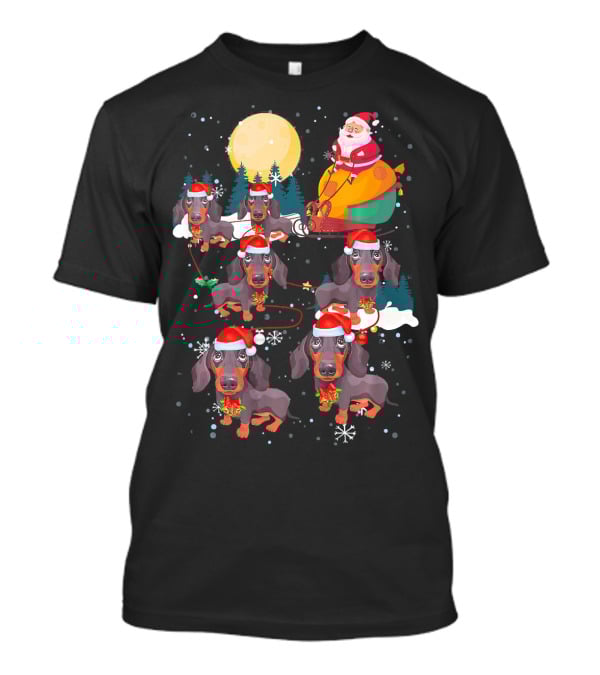 Santa Riding Sleigh With Dachshund Reindeer Under Full Moon T-Shirt