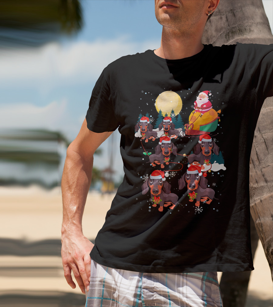 Santa Riding Sleigh With Dachshund Reindeer Under Full Moon T-Shirt