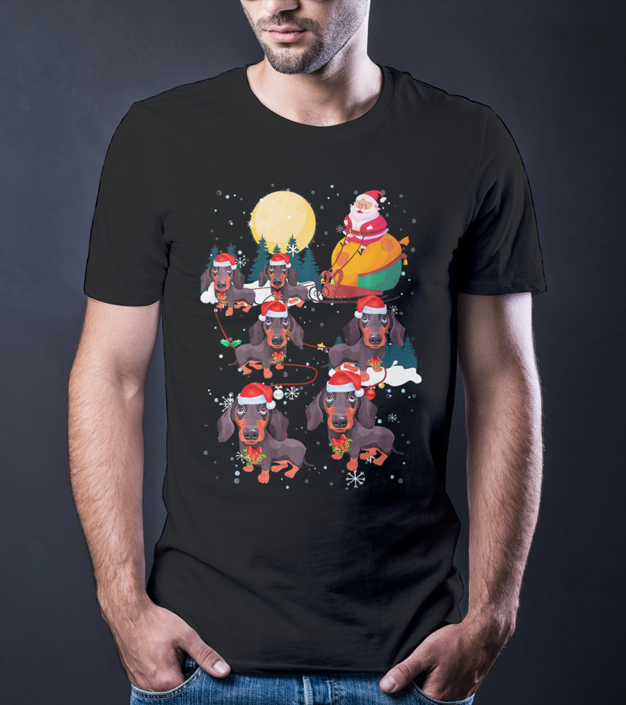 Santa Riding Sleigh With Dachshund Reindeer Under Full Moon T-Shirt