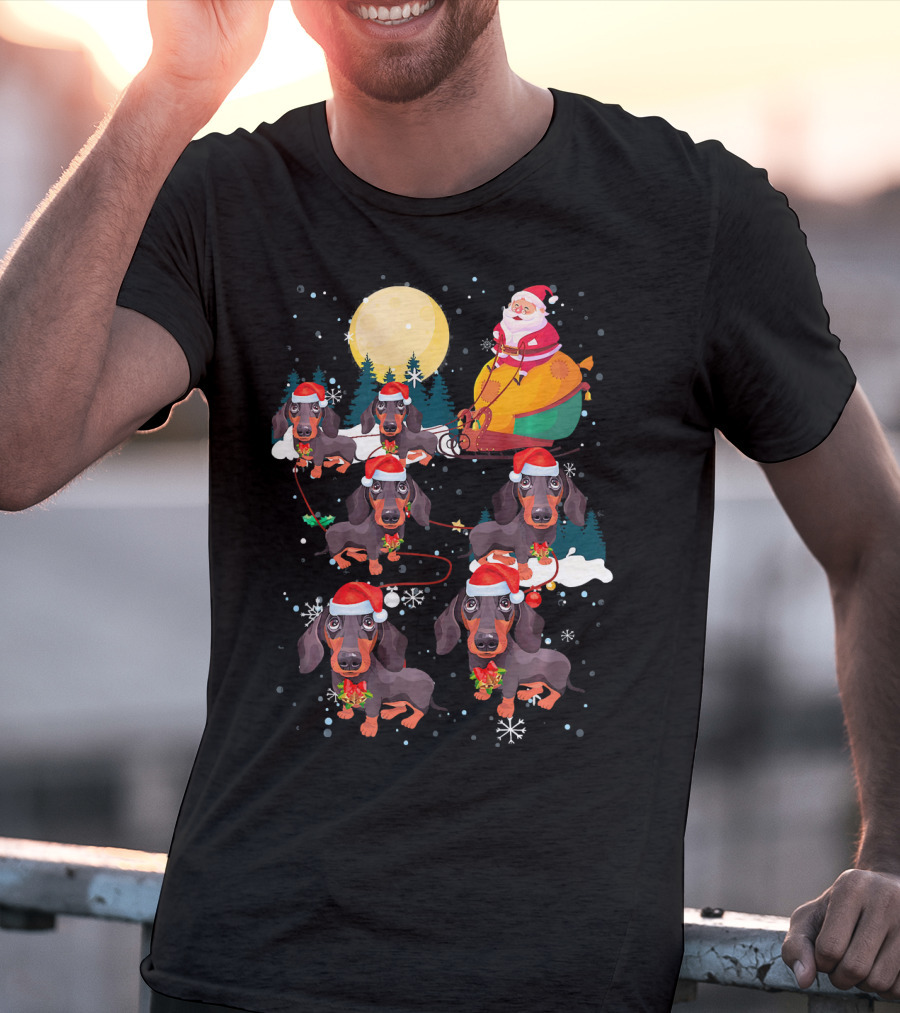 Santa Riding Sleigh With Dachshund Reindeer Under Full Moon T-Shirt
