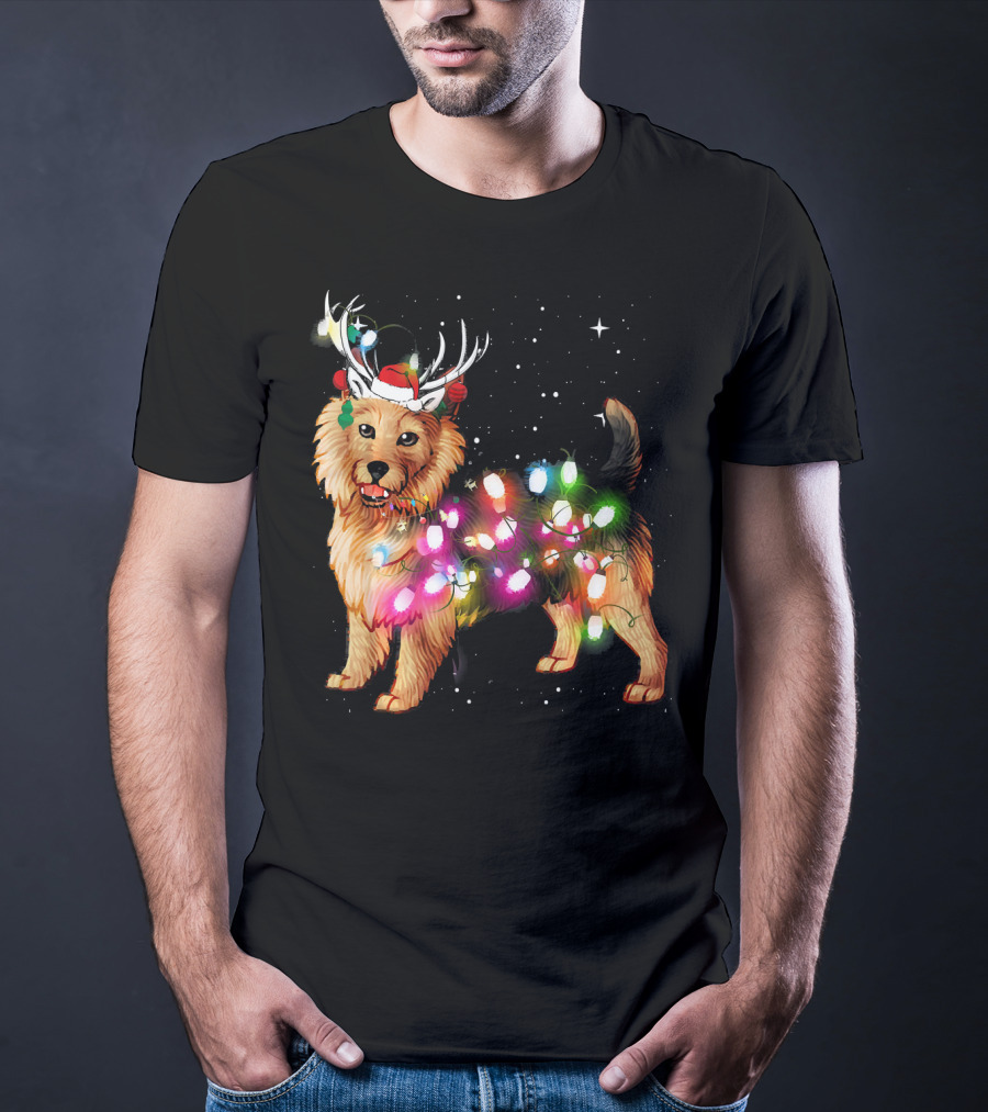 Australian Terrier With Christmas Lights And Reindeer Antlers T-Shirt