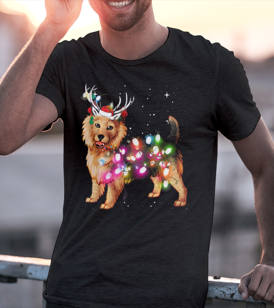 Australian Terrier With Christmas Lights And Reindeer Antlers T-Shirt