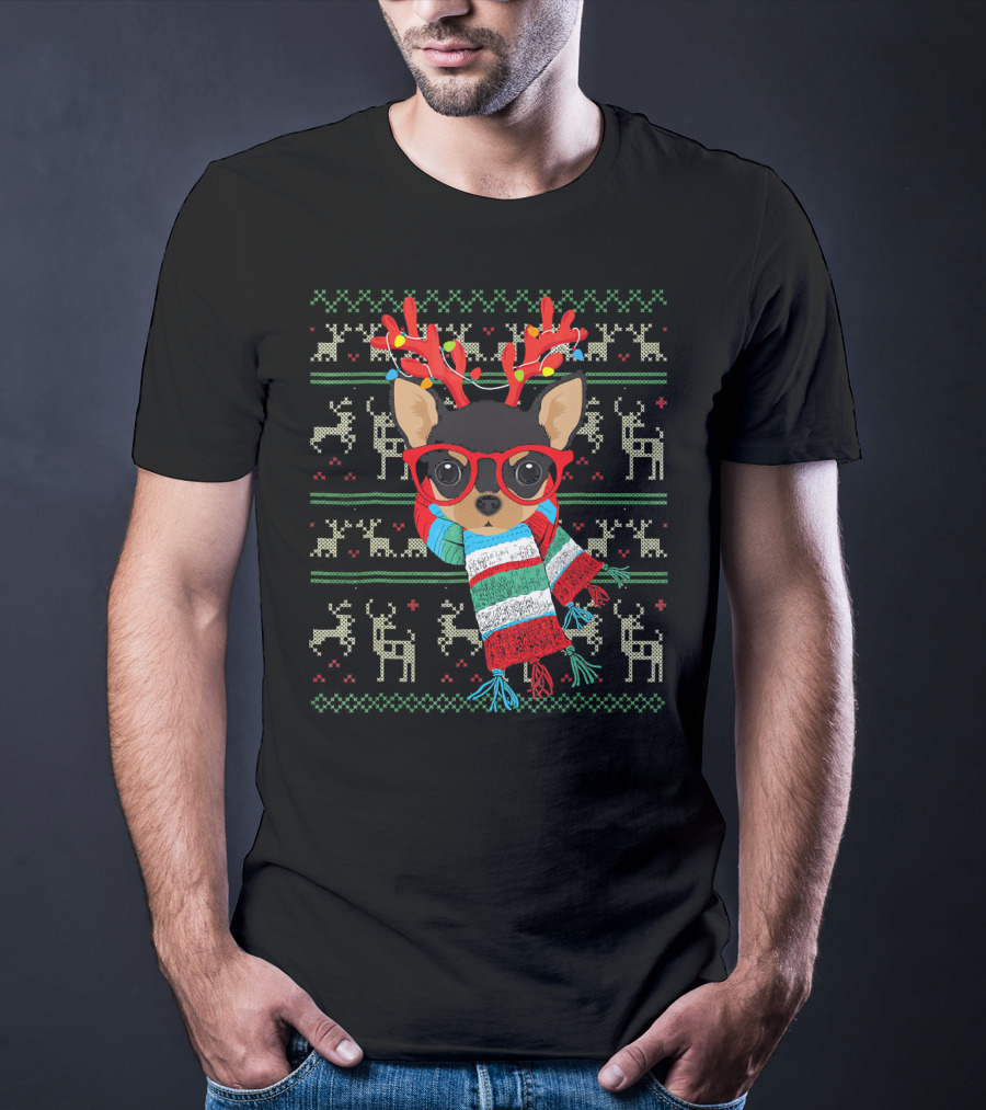Dog Lover Chihuahua With Glasses And Reindeer Antlers In Festive Scarf T-Shirt
