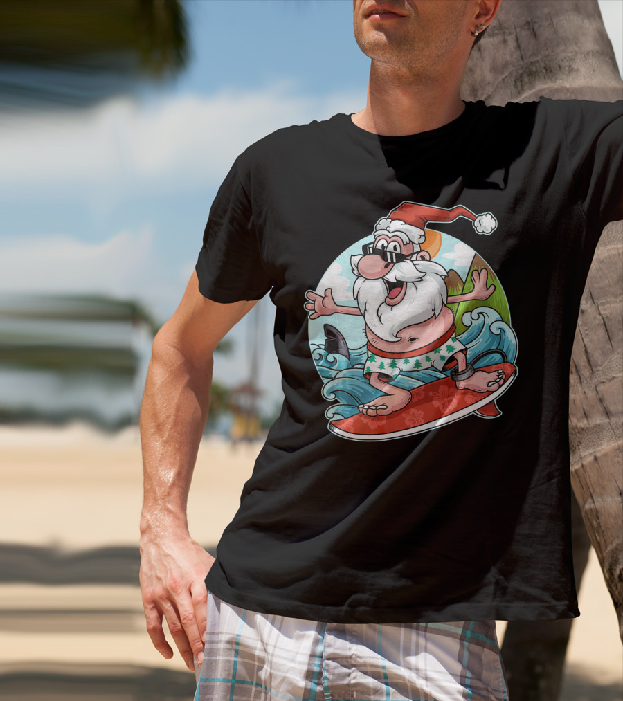 Surfing Santa Riding Waves Christmas In July Tropical Fun T-Shirt