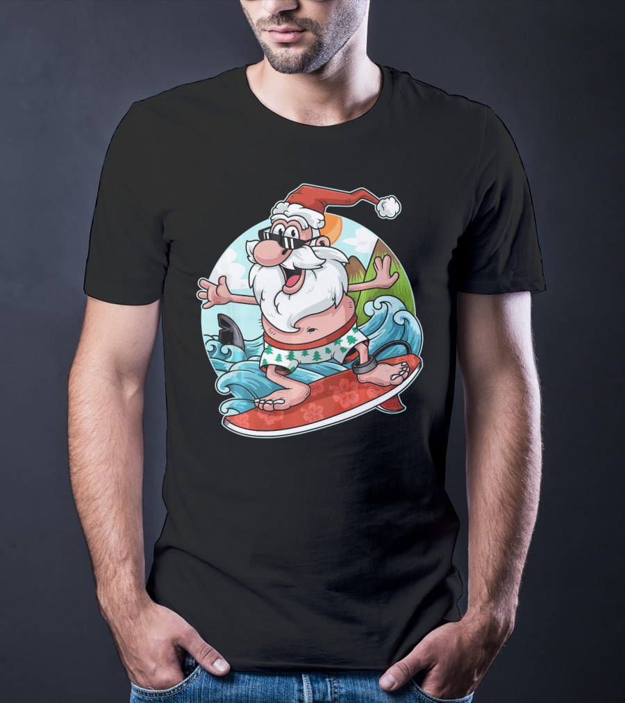 Surfing Santa Riding Waves Christmas In July Tropical Fun T-Shirt