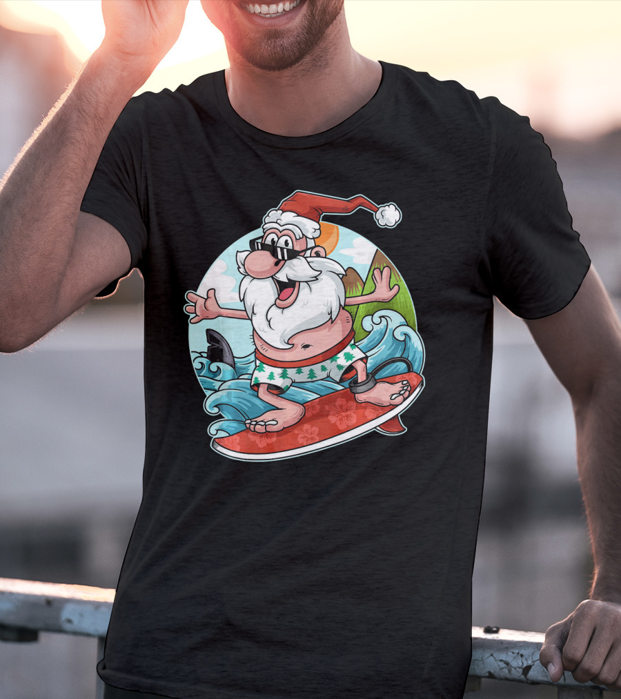 Surfing Santa Riding Waves Christmas In July Tropical Fun T-Shirt