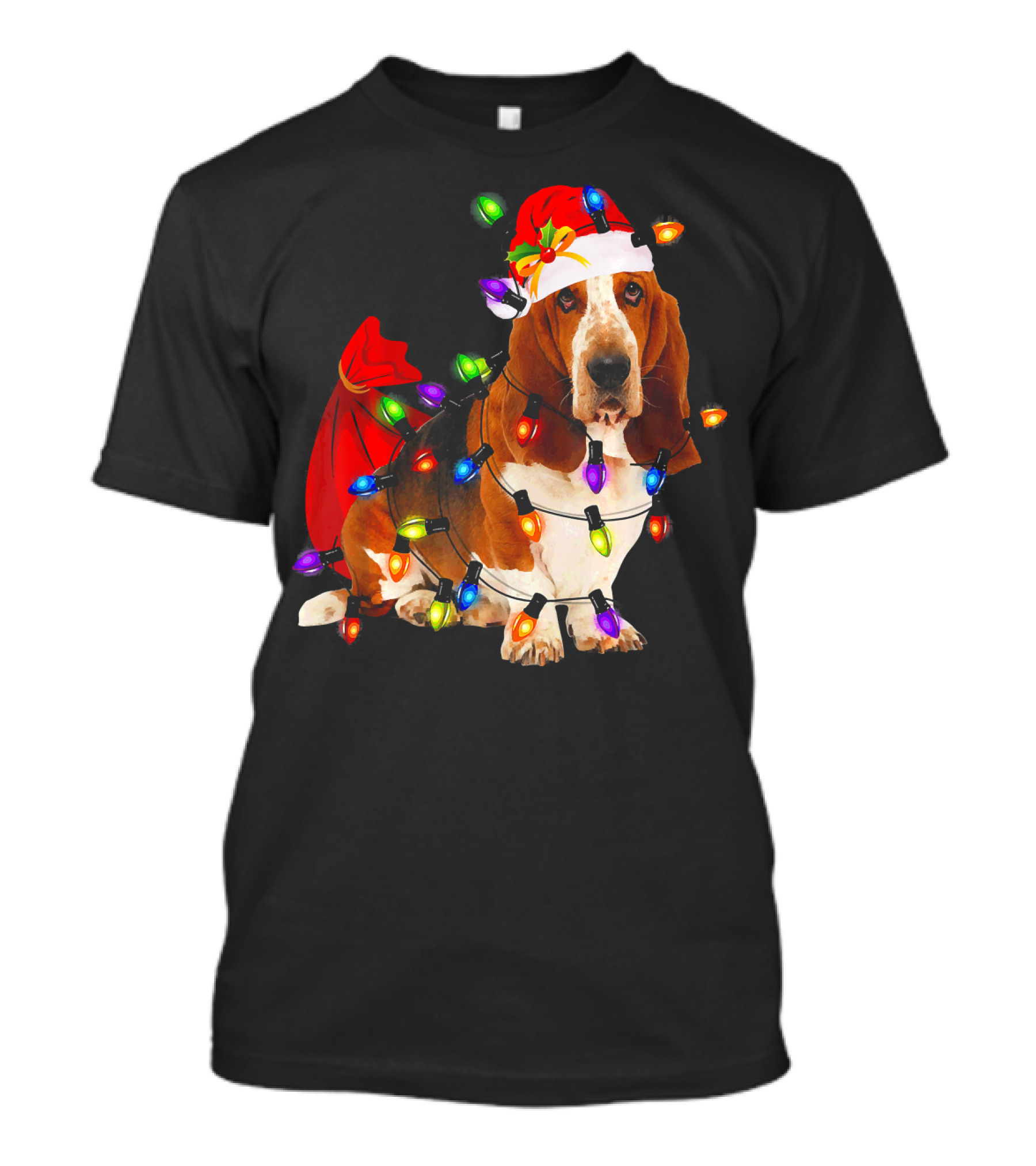 Basset Hound Wrapped In Christmas Lights With Santa Hat And Red Sack T-Shirt