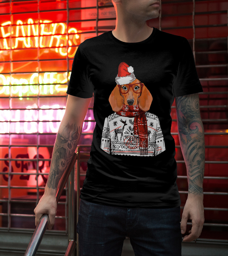 Dachshund Dog Santa Hat Funny Merry Christmas T-Shirt