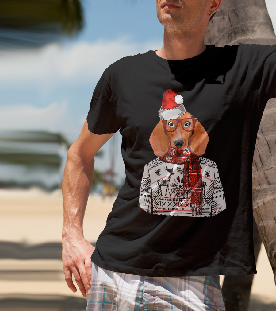 Dachshund Dog Santa Hat Funny Merry Christmas T-Shirt