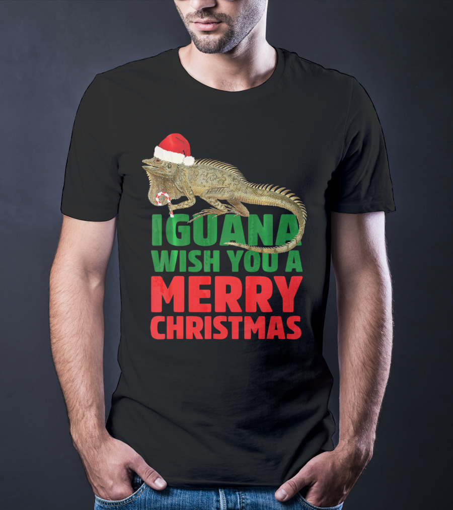 Iguana Wish You A Merry Christmas Santa Hat Candy Cane T-Shirt
