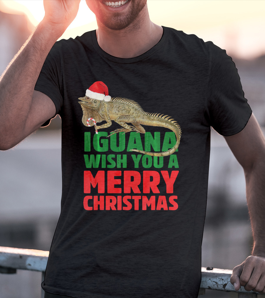 Iguana Wish You A Merry Christmas Santa Hat Candy Cane T-Shirt
