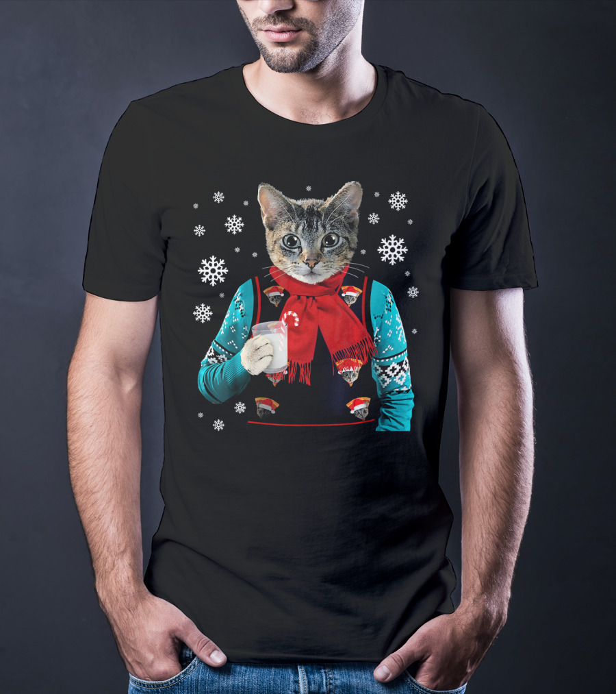 Hipster Cat Wearing Festive Sweater With Red Scarf And Holding Milk T-Shirt