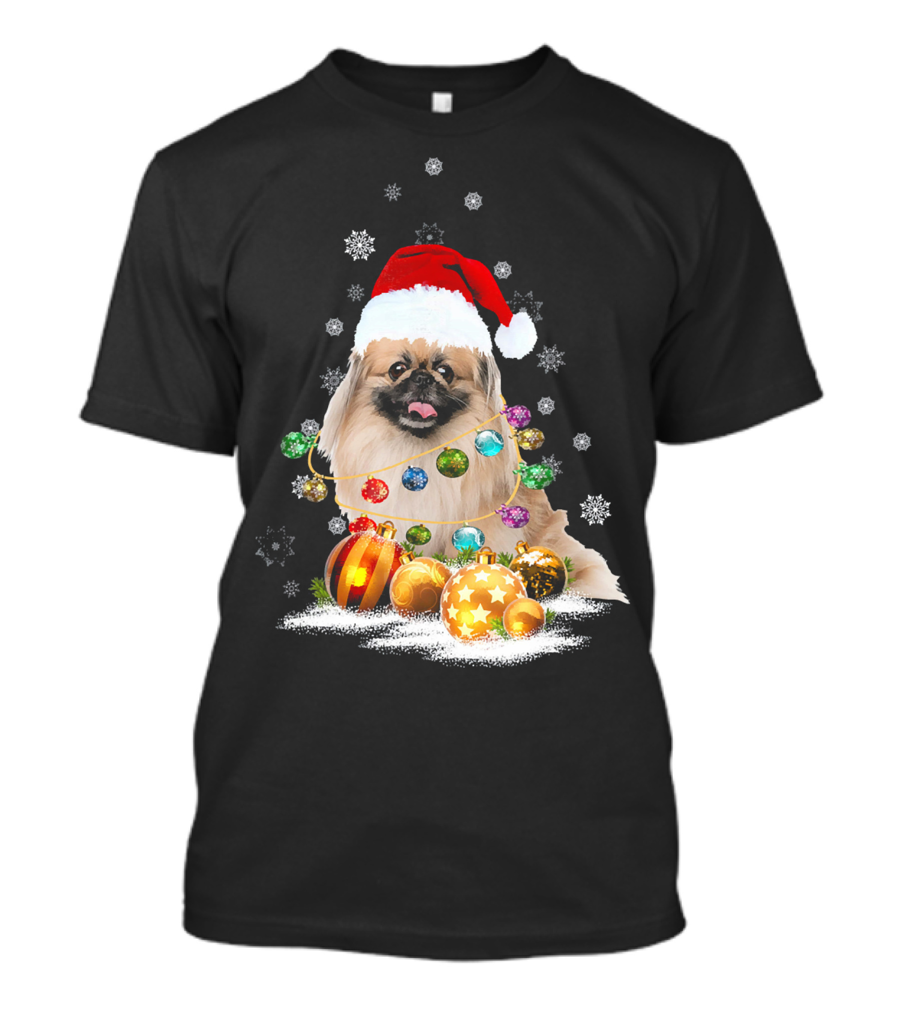 Pekingese Christmas Dog Lights With Santa Hat And Snowflakes T-Shirt