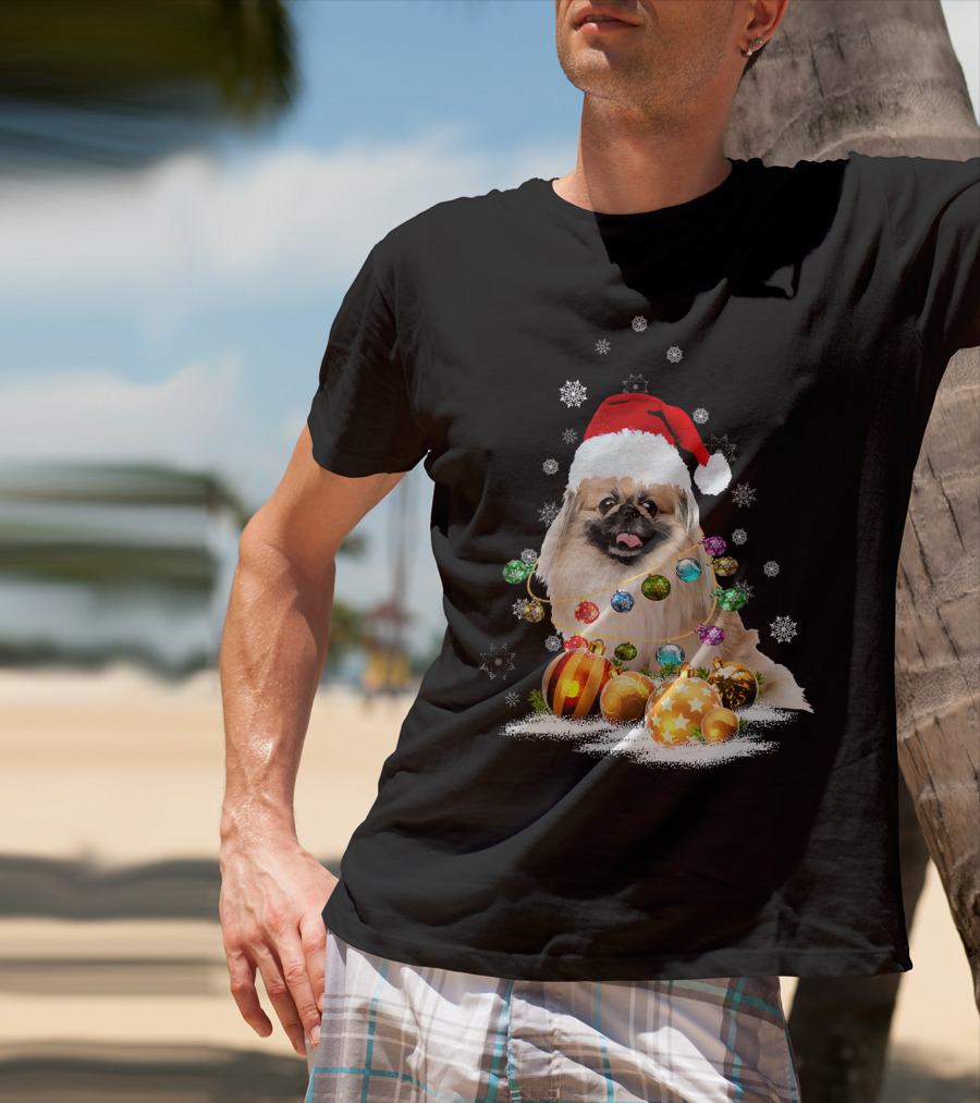 Pekingese Christmas Dog Lights With Santa Hat And Snowflakes T-Shirt