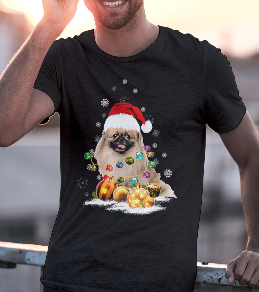 Pekingese Christmas Dog Lights With Santa Hat And Snowflakes T-Shirt