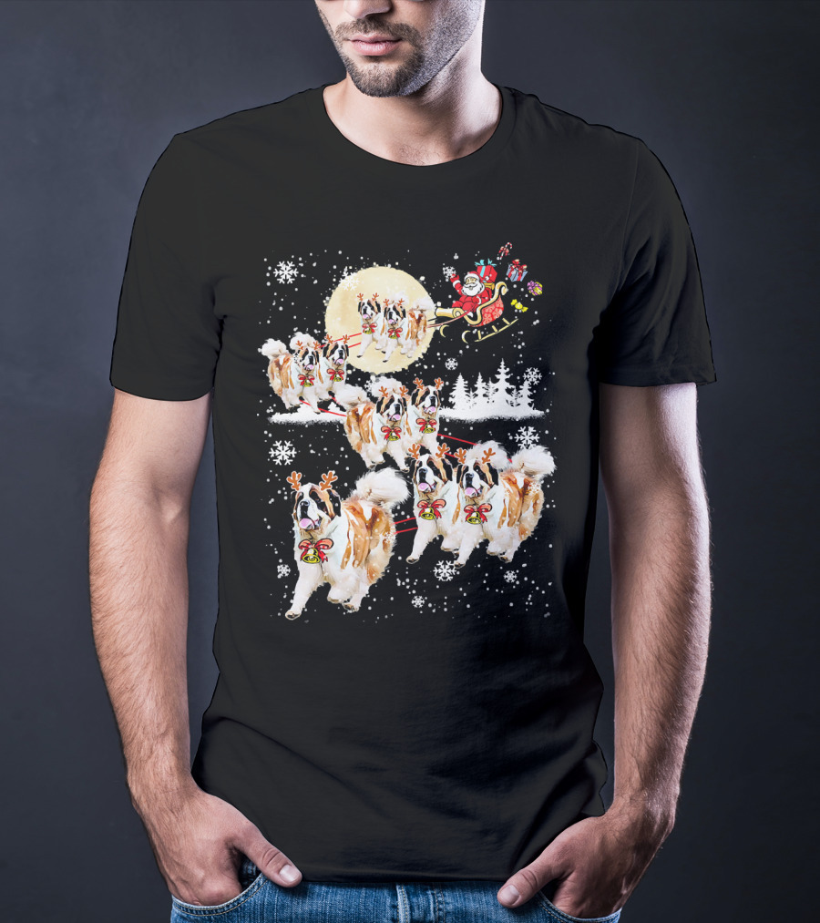 St Bernard Reindeer Christmas Santa Sleigh Nice Dog T-Shirt