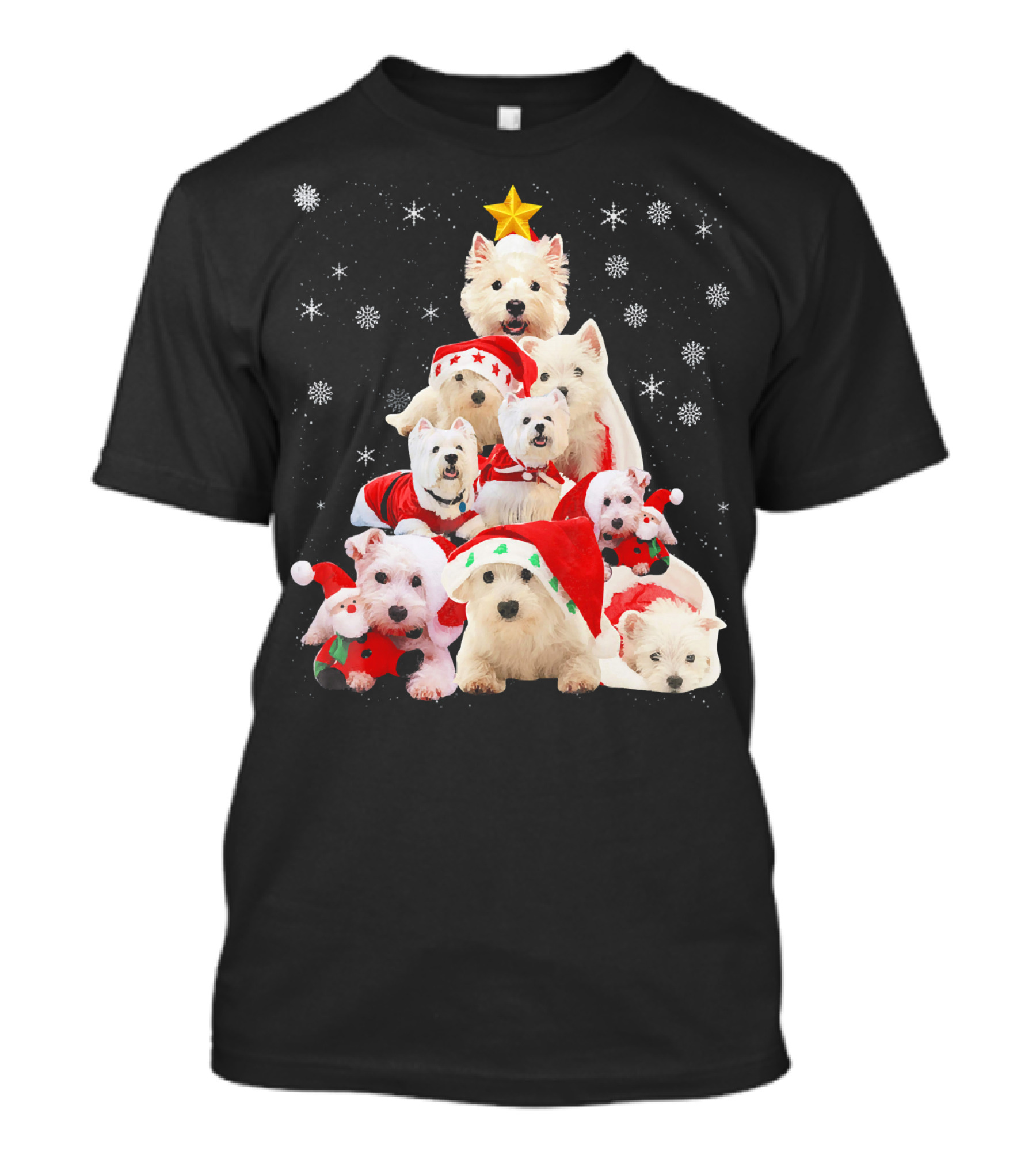 Westie Dogs In Holiday Hats Forming Christmas Tree With Snowflakes And Star T-Shirt