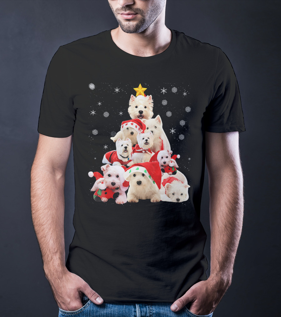 Westie Dogs In Holiday Hats Forming Christmas Tree With Snowflakes And Star T-Shirt
