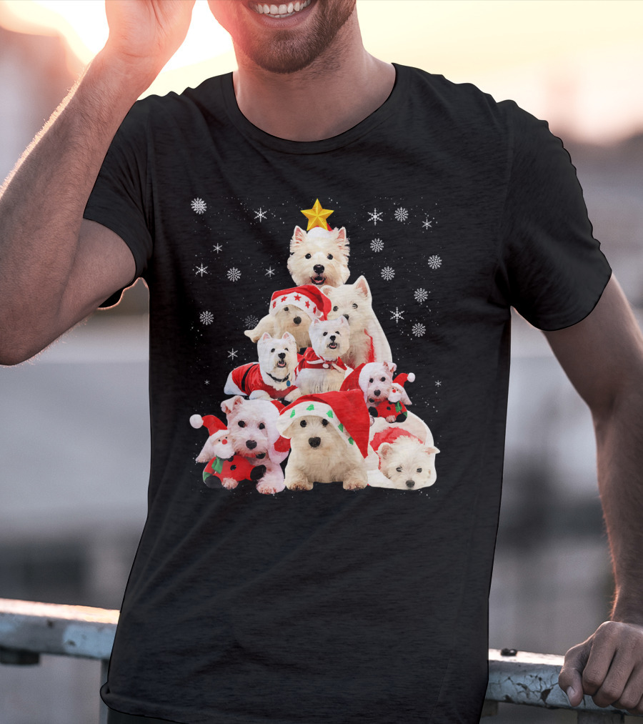 Westie Dogs In Holiday Hats Forming Christmas Tree With Snowflakes And Star T-Shirt