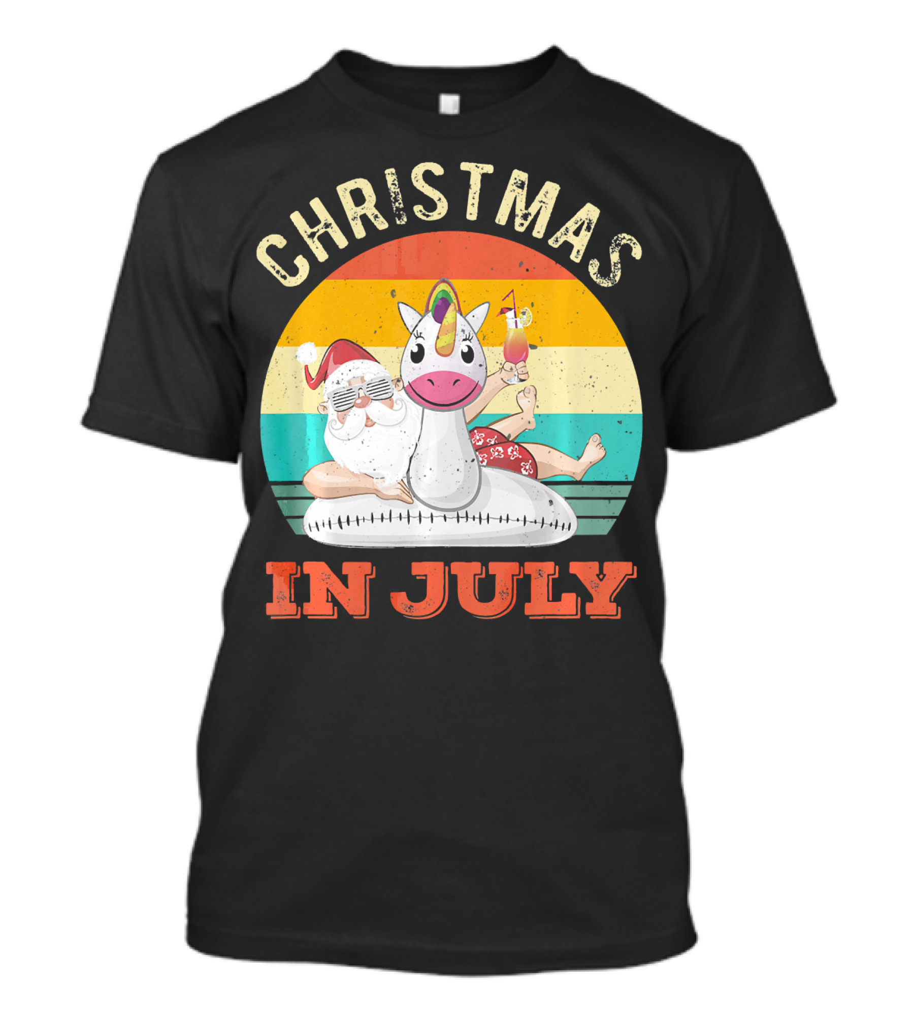 Christmas In July Vintage Santa With Inflatable Unicorn And Drink T-Shirt