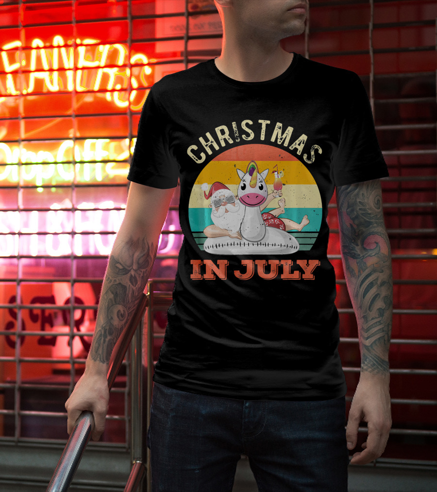 Christmas In July Vintage Santa With Inflatable Unicorn And Drink T-Shirt
