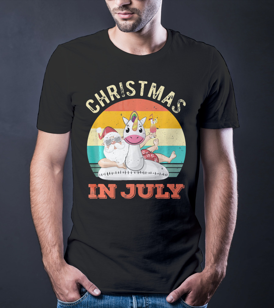 Christmas In July Vintage Santa With Inflatable Unicorn And Drink T-Shirt