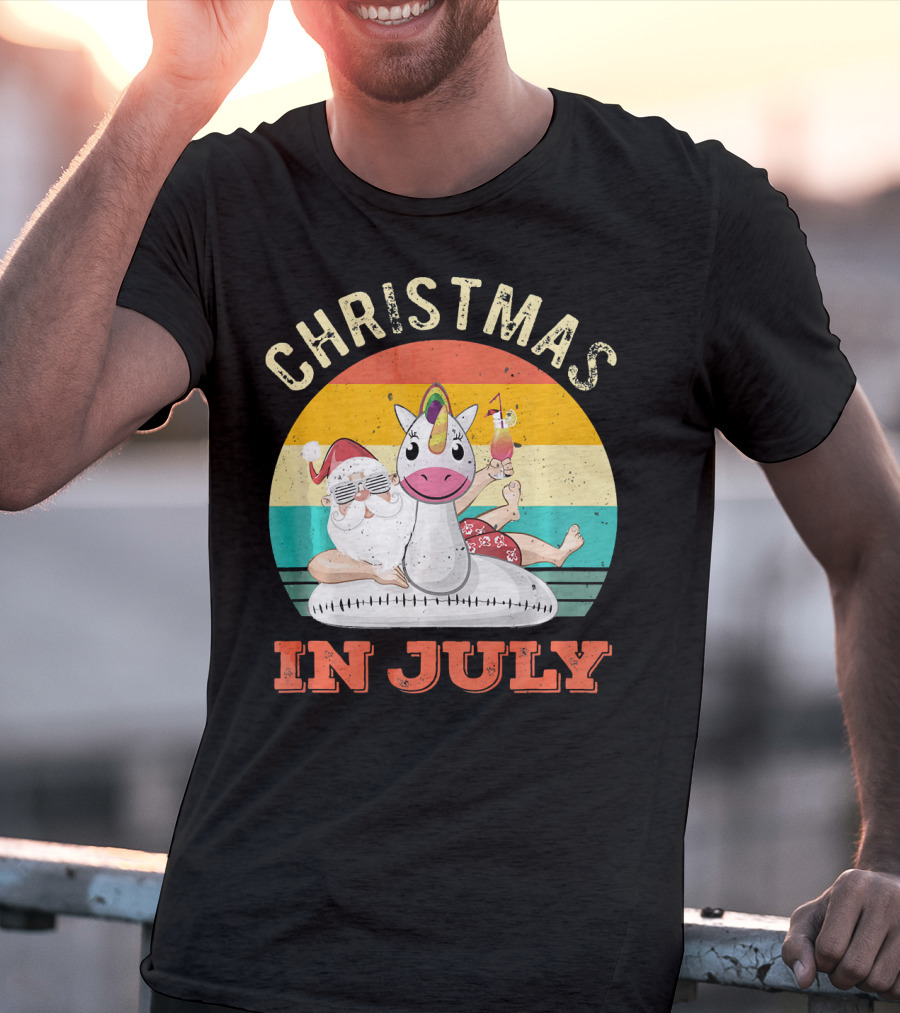 Christmas In July Vintage Santa With Inflatable Unicorn And Drink T-Shirt