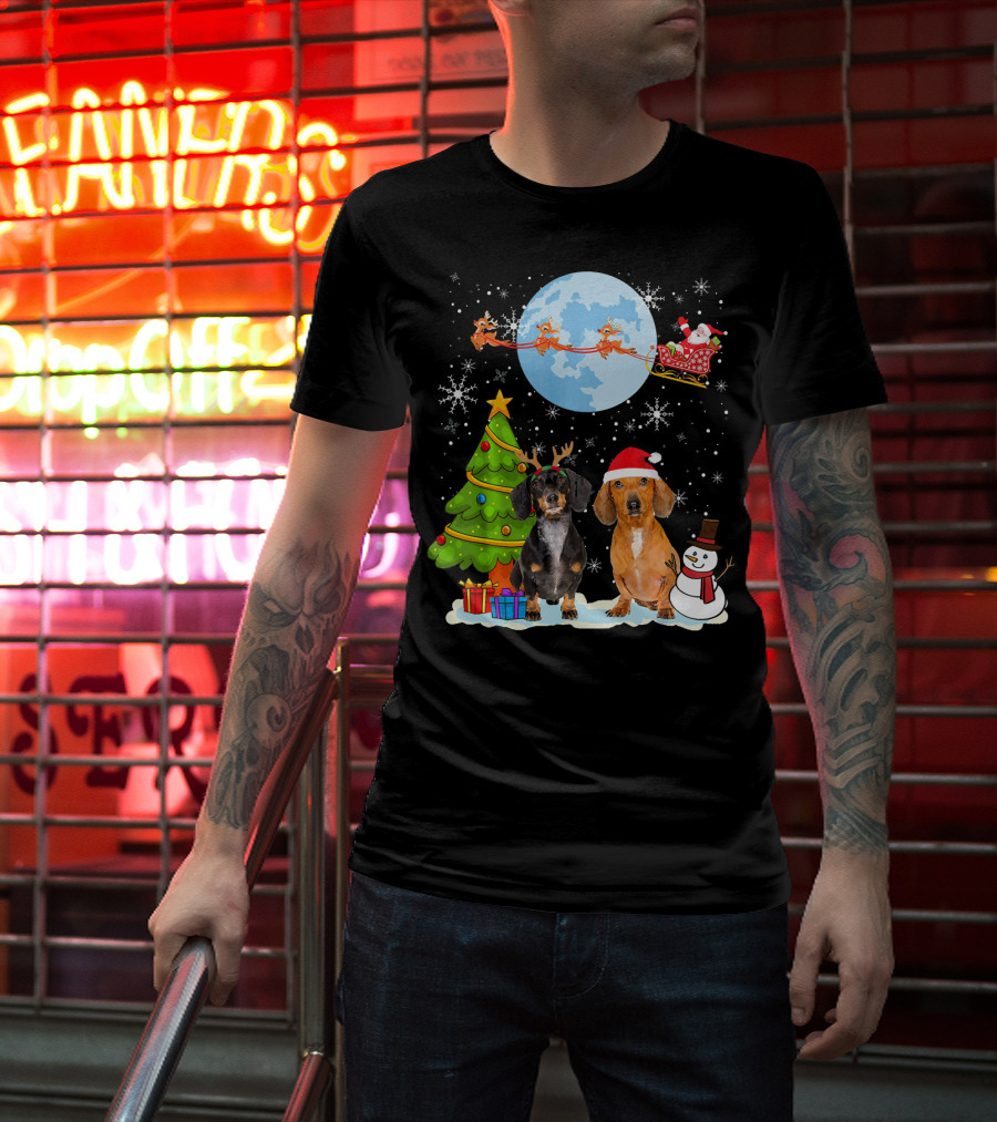 Funny Dachshund Christmas Santa Moon Reindeers Tree Snowman T-Shirt