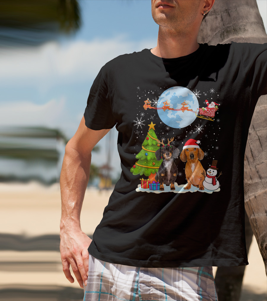 Funny Dachshund Christmas Santa Moon Reindeers Tree Snowman T-Shirt