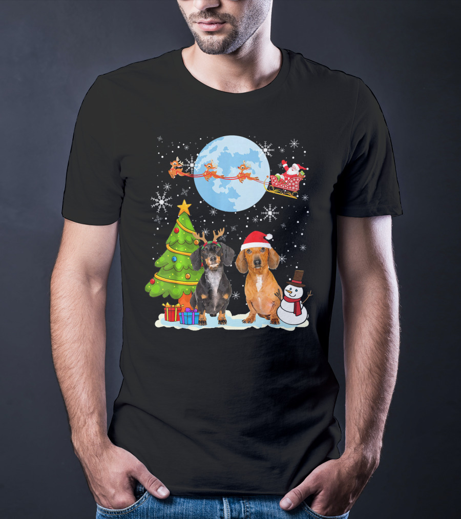 Funny Dachshund Christmas Santa Moon Reindeers Tree Snowman T-Shirt