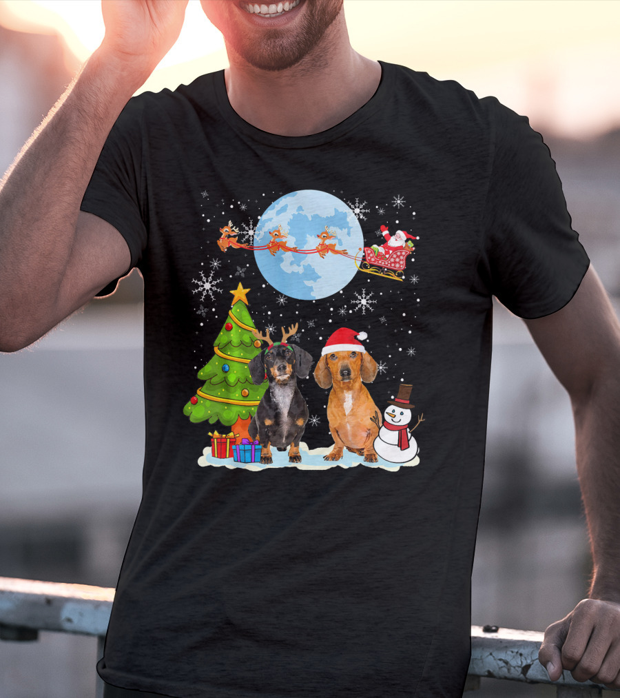 Funny Dachshund Christmas Santa Moon Reindeers Tree Snowman T-Shirt