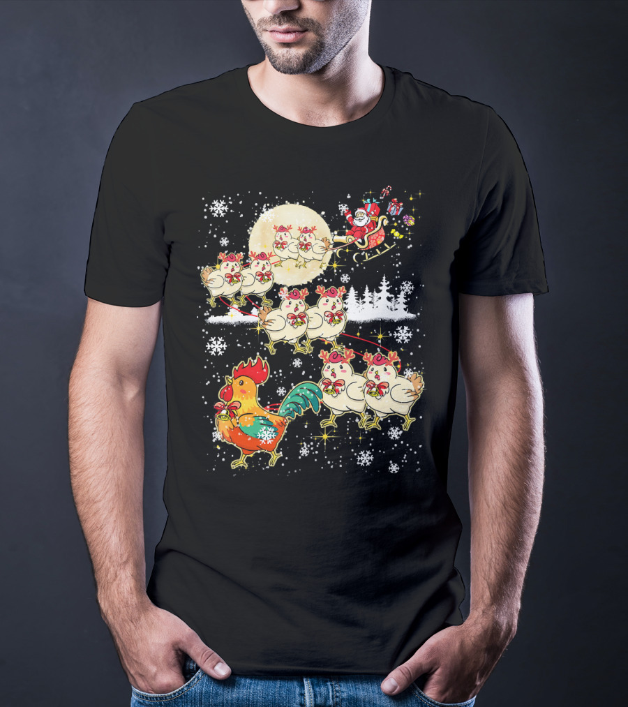 Chicken Reindeer Christmas Santa Sleigh With Snowflakes And Nice Chicken T-Shirt