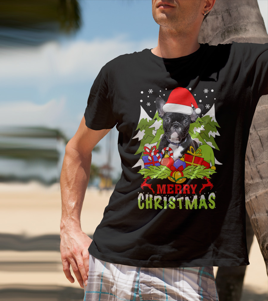 Merry Christmas French Bulldog Santa Hat Gifts Snowflakes T-Shirt