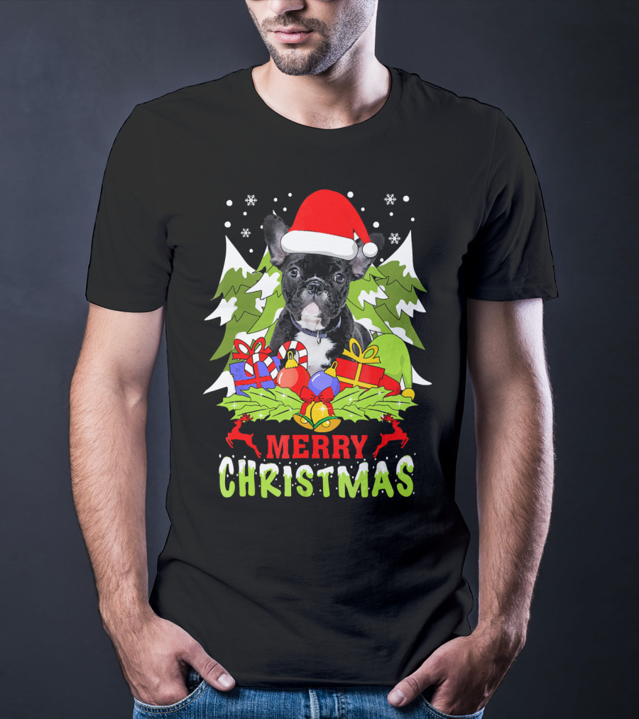 Merry Christmas French Bulldog Santa Hat Gifts Snowflakes T-Shirt