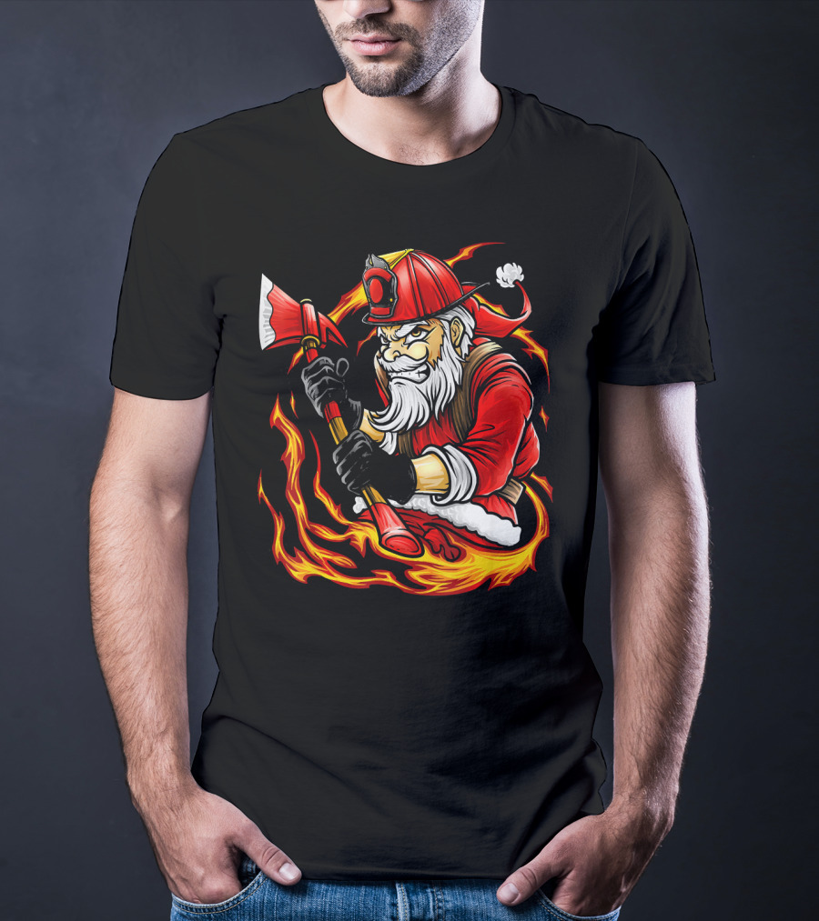 Firefighter Santa With Axe Surrounded By Flames T-Shirt
